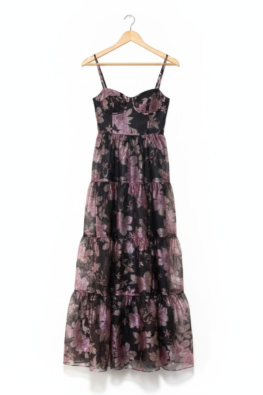 Lulus Black Floral Organza Tiered Exclusive Glamour Maxi Dress Size XL #71 #